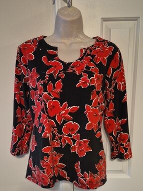 Ruby Rd. Black and Red 3/4-Sleeve Top with Red Floral Print